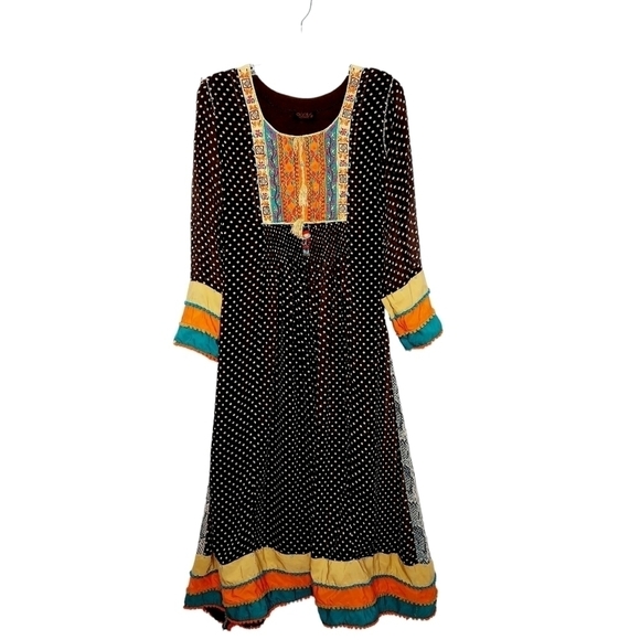 Boho Maxi Dress Smocked Tassled Print Flared Flowy Coachella Festival Sz Small - Picture 3 of 16